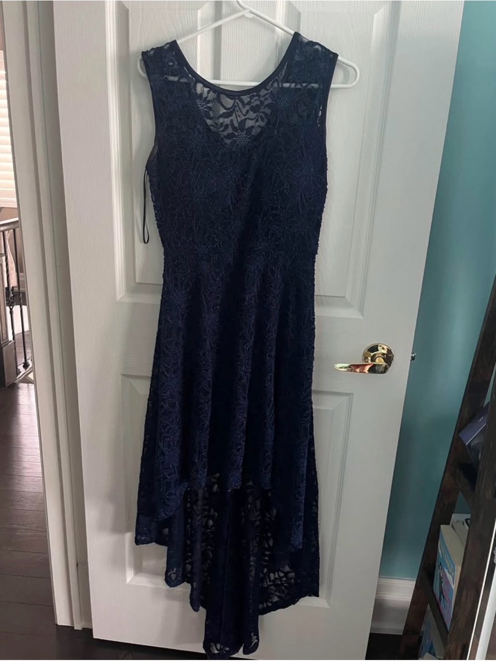 Sleeveless Navy Lace High-Low Dress